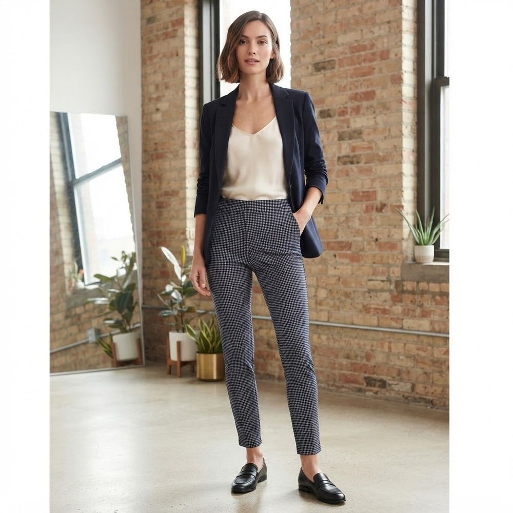 Chico's Navy Blue White Micro Grid Check Pull On Ankle Pants Size 00R US 2R